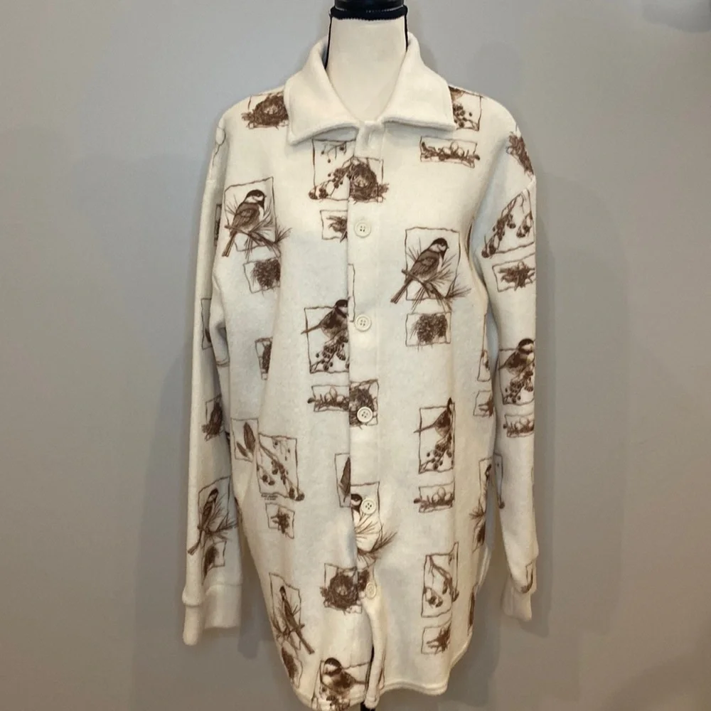 NWT Vintage womens L fleece shacket graphic button front bird nest made in USA - Picture 2 of 9
